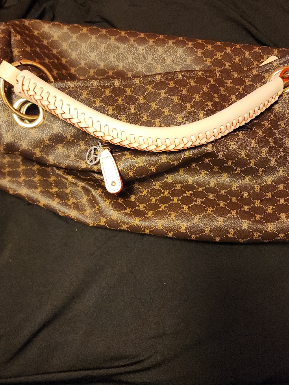 Women's Brown Monogram Pattern Satchel with White Handle - Picture 2 of 9